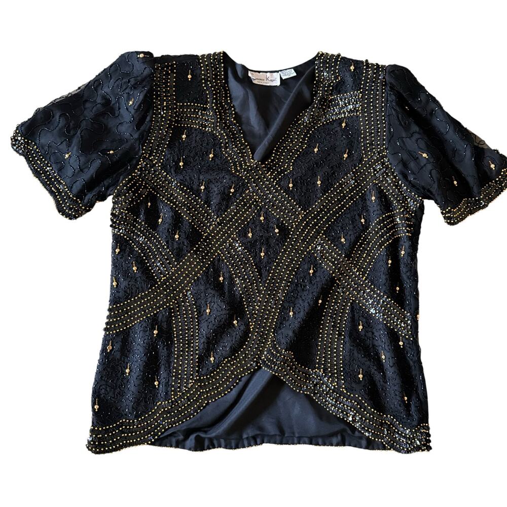 Laurence Kazar Women's Vintage Silk Black Gold Beaded Blouse Sequins 1X